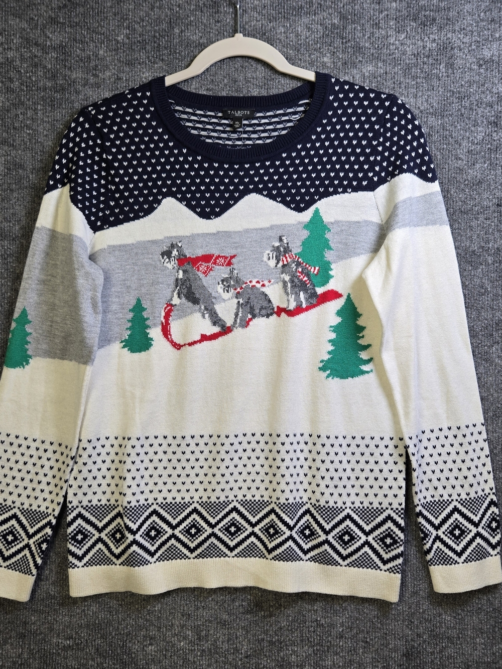 TALBOTS Sweater Womens M Petite Blue Fair Isle Dogs Sledding Crew Neck New